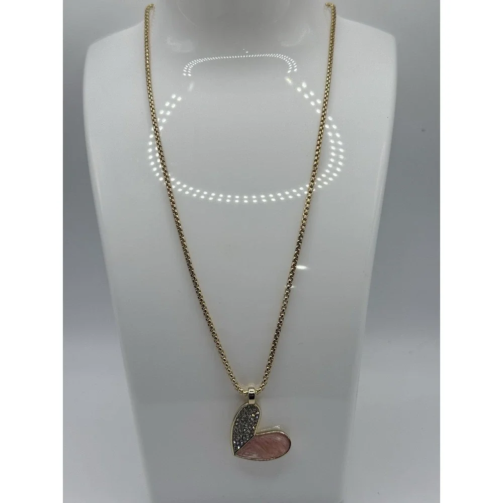 RJ Graziano Heart Pendant Necklace Gold Tone Pink Enamel Crystal 16-19
